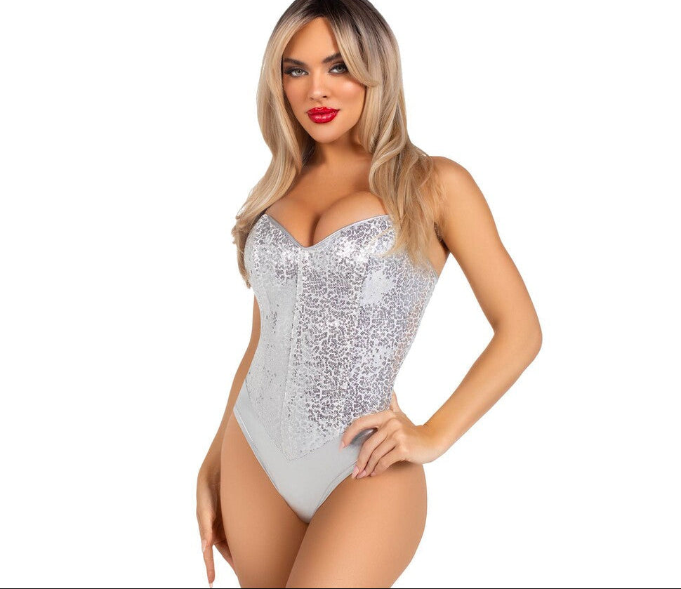 Leg Avenue Sequin Boned Bodysuit Silver